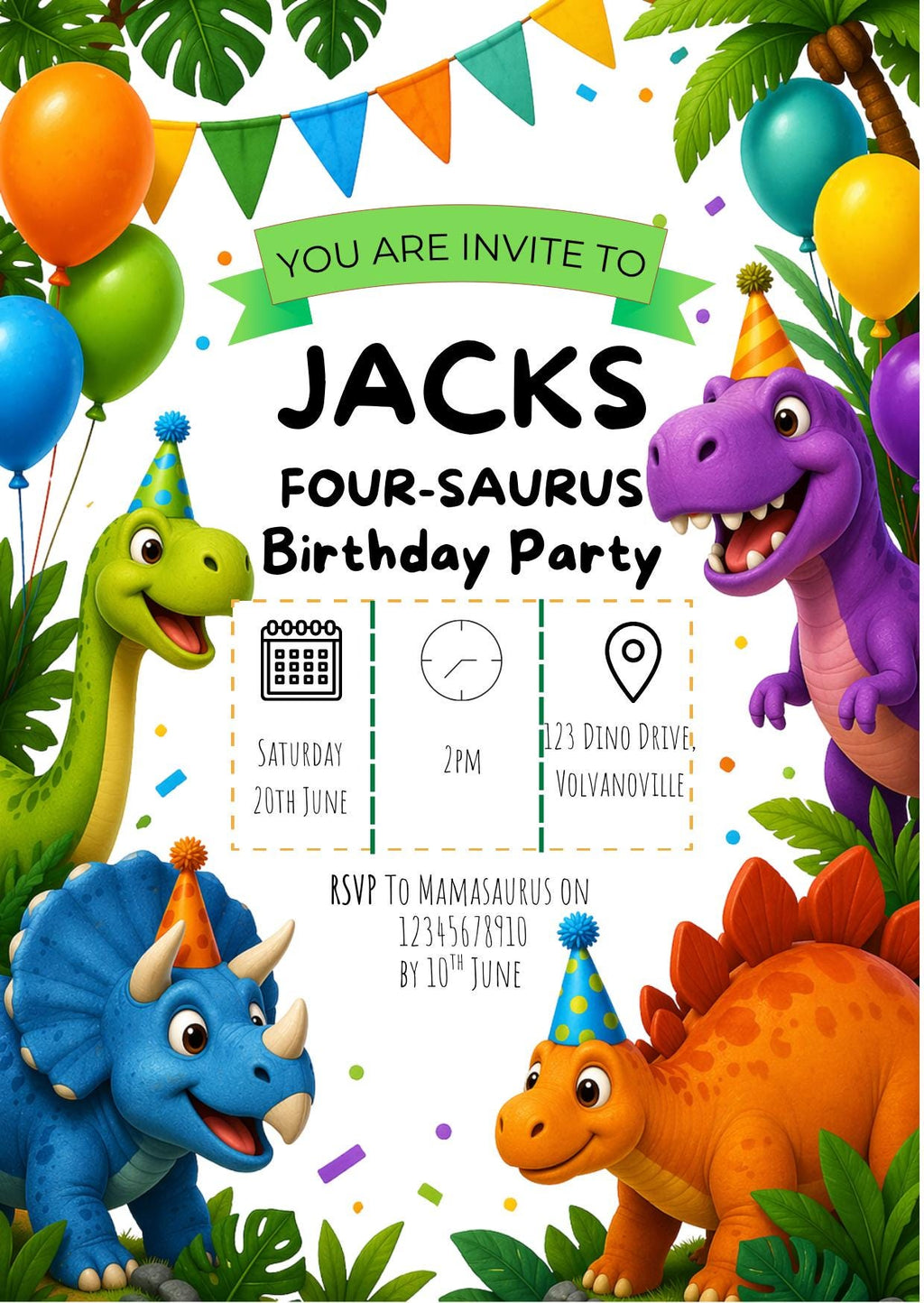 Four-Saurus Kids Birthday Party Invitation Template | Editable Template | Digital Download Only