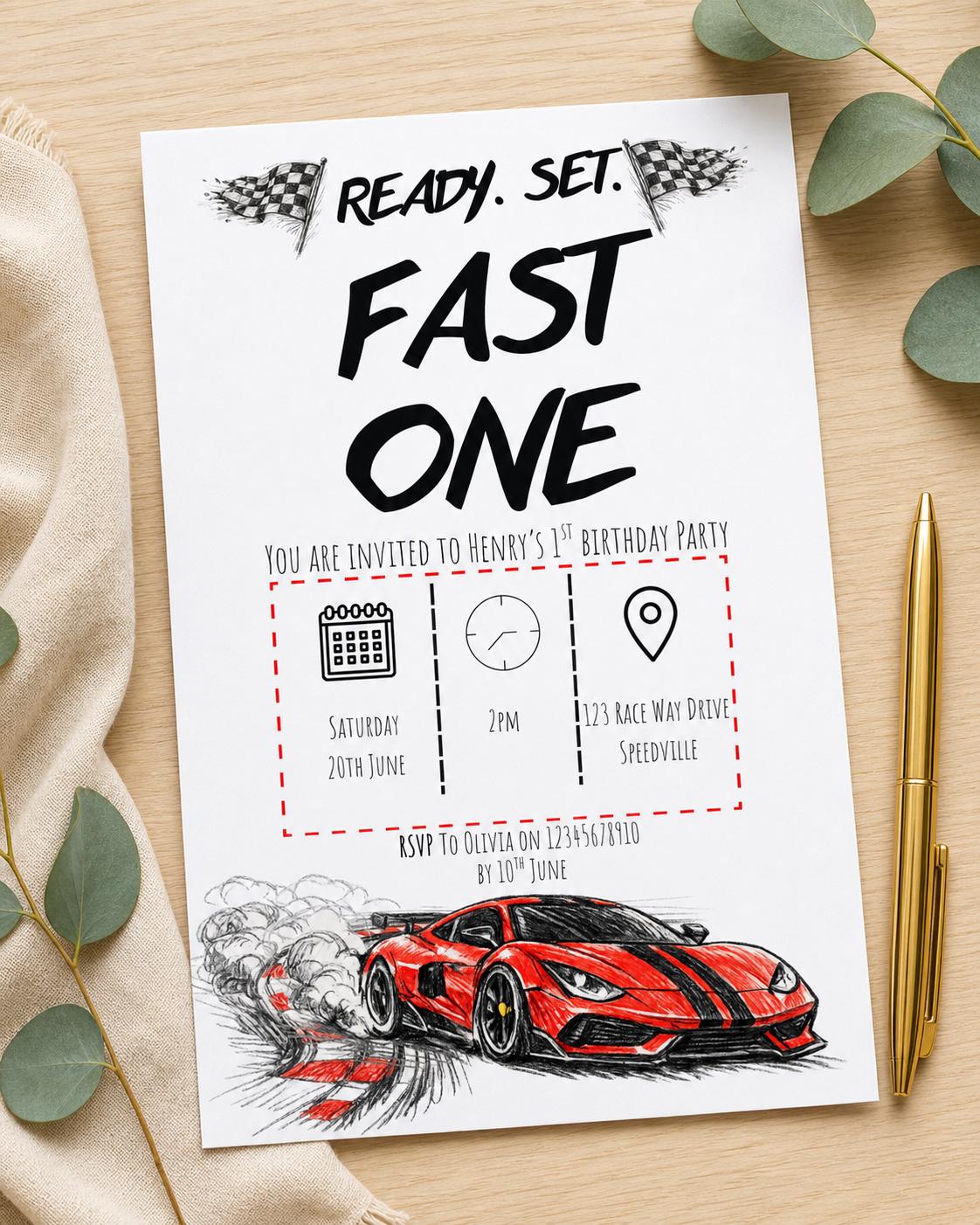 Fast One Kids Birthday Party Invitation Template | Editable Template | Digital Download Only